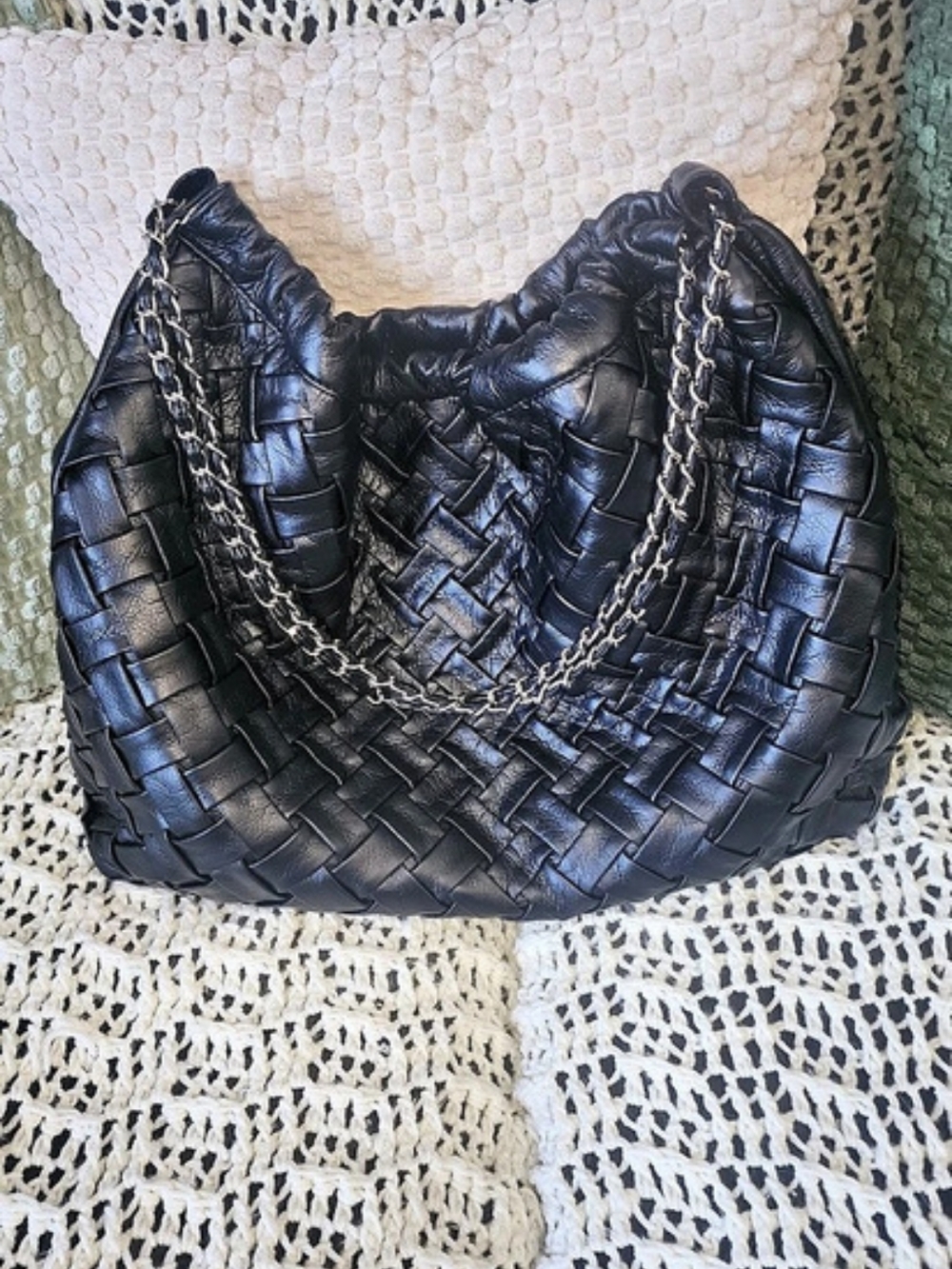 Woven Vegan Leather Shoulder Bag in Black Like New